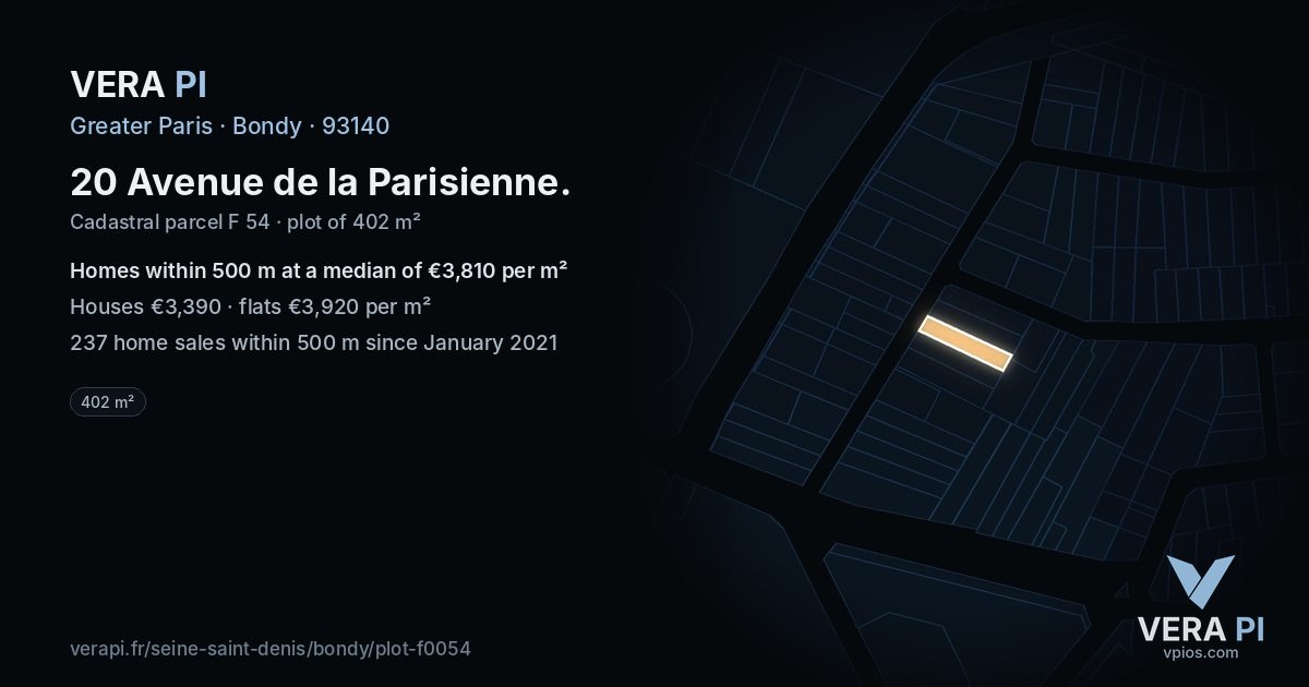 20 Avenue de la Parisienne, Bondy at night – the plot lit, the parcels around coloured by the prices near them