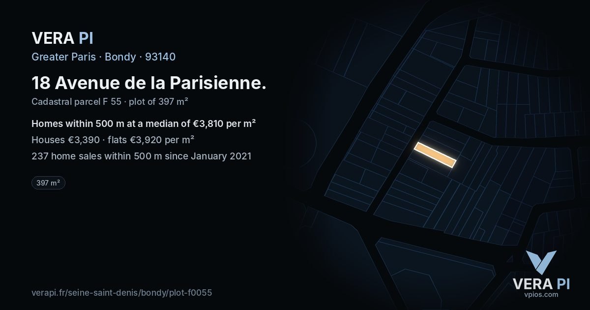 18 Avenue de la Parisienne, Bondy at night – the plot lit, the parcels around coloured by the prices near them