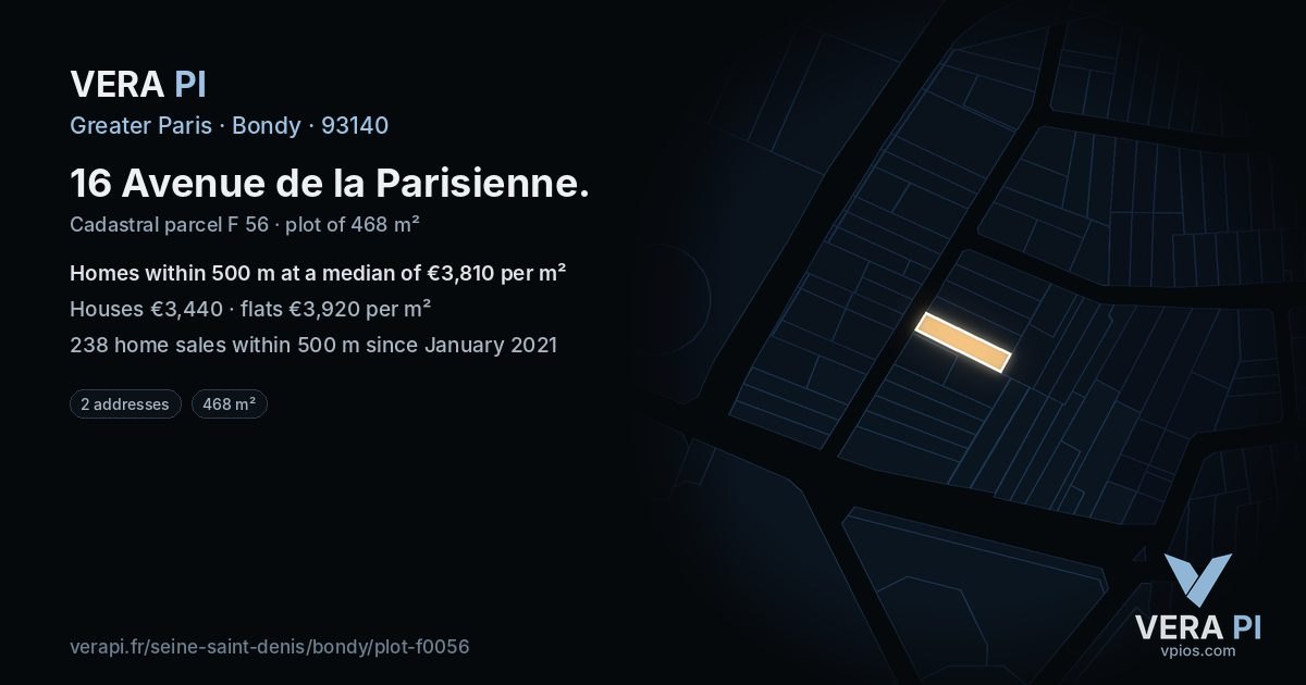 16 Avenue de la Parisienne, Bondy at night – the plot lit, the parcels around coloured by the prices near them