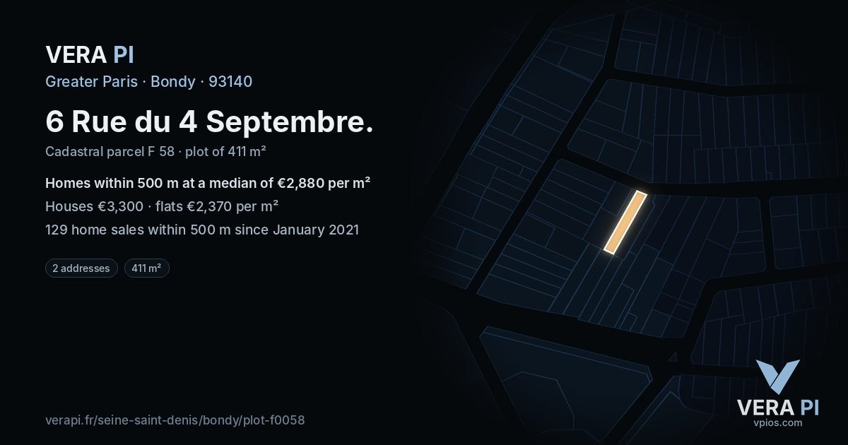 6 Rue du 4 Septembre, Bondy at night – the plot lit, the parcels around coloured by the prices near them