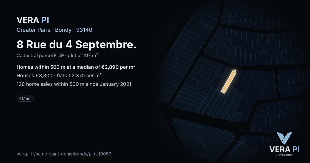 8 Rue du 4 Septembre, Bondy at night – the plot lit, the parcels around coloured by the prices near them