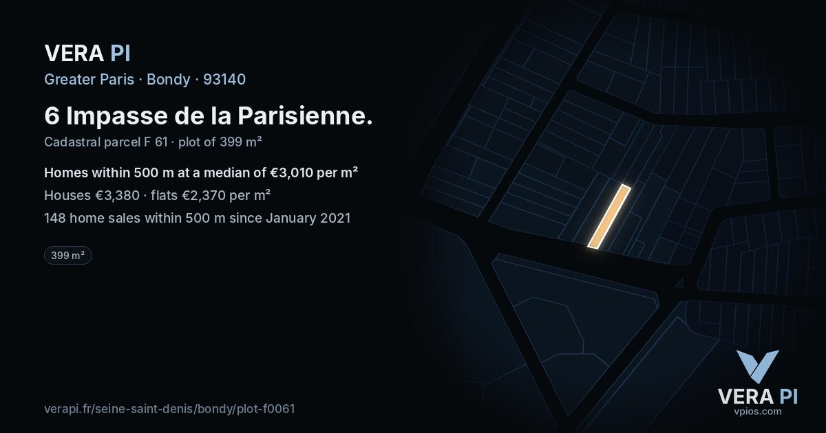 6 Impasse de la Parisienne, Bondy at night – the plot lit, the parcels around coloured by the prices near them