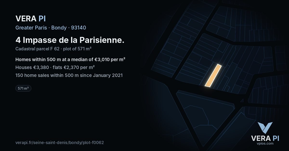 4 Impasse de la Parisienne, Bondy at night – the plot lit, the parcels around coloured by the prices near them