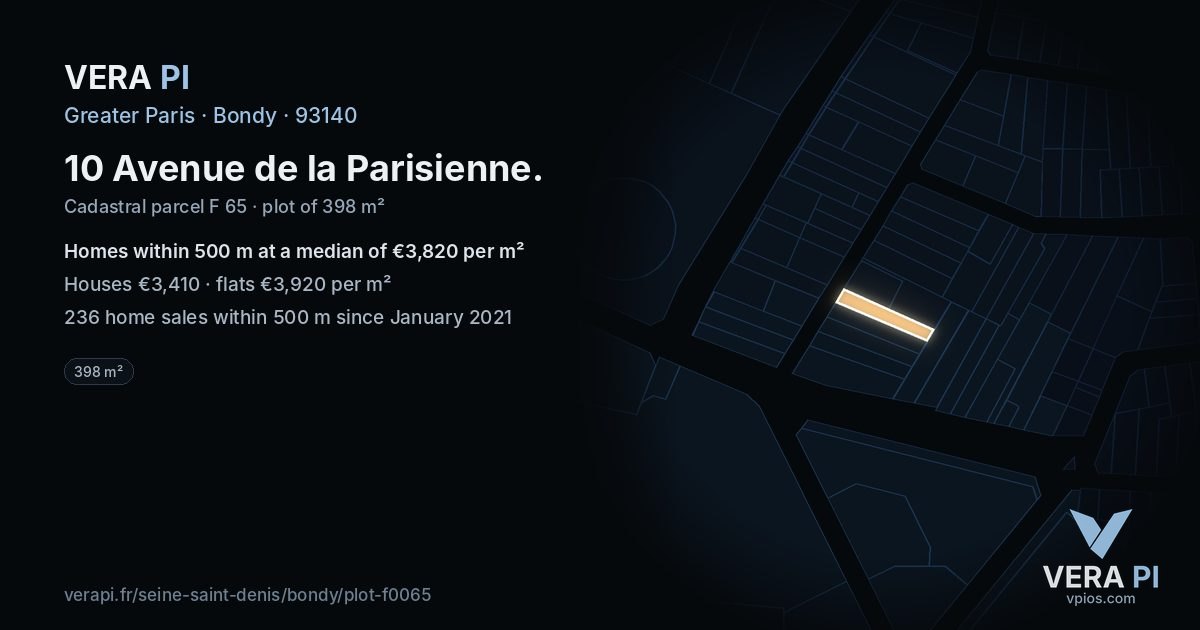 10 Avenue de la Parisienne, Bondy at night – the plot lit, the parcels around coloured by the prices near them