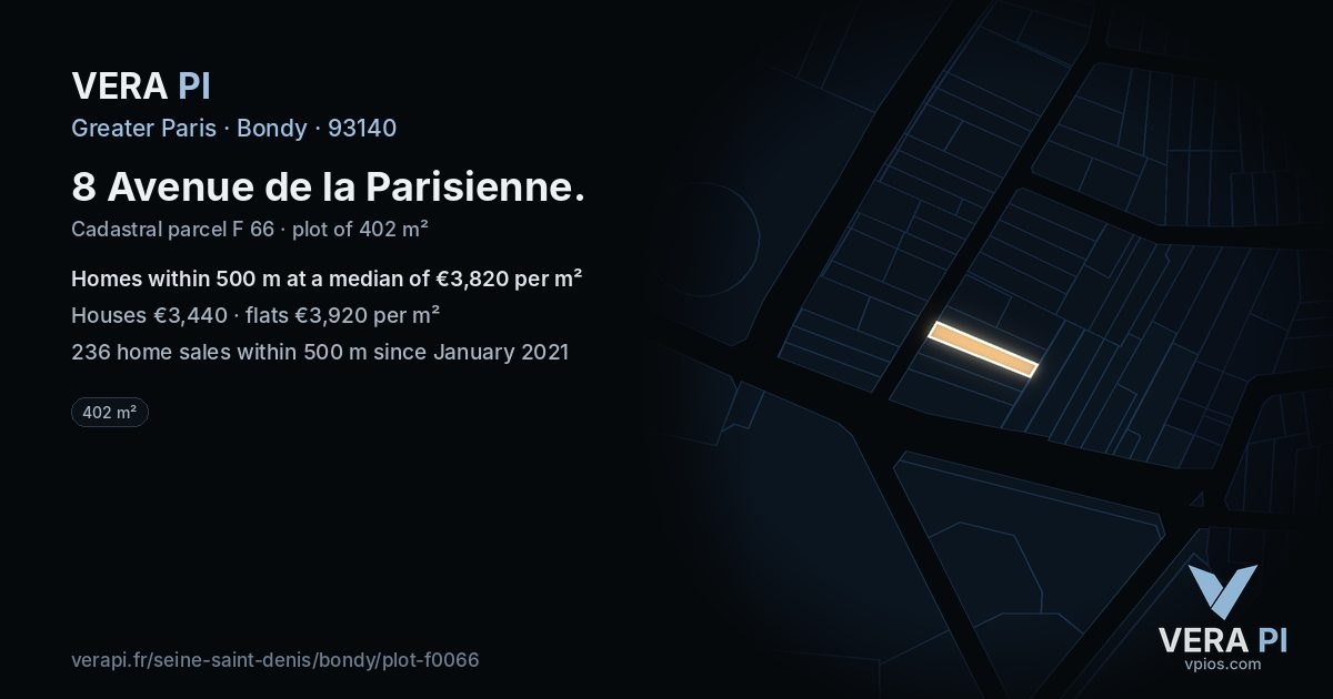 8 Avenue de la Parisienne, Bondy at night – the plot lit, the parcels around coloured by the prices near them
