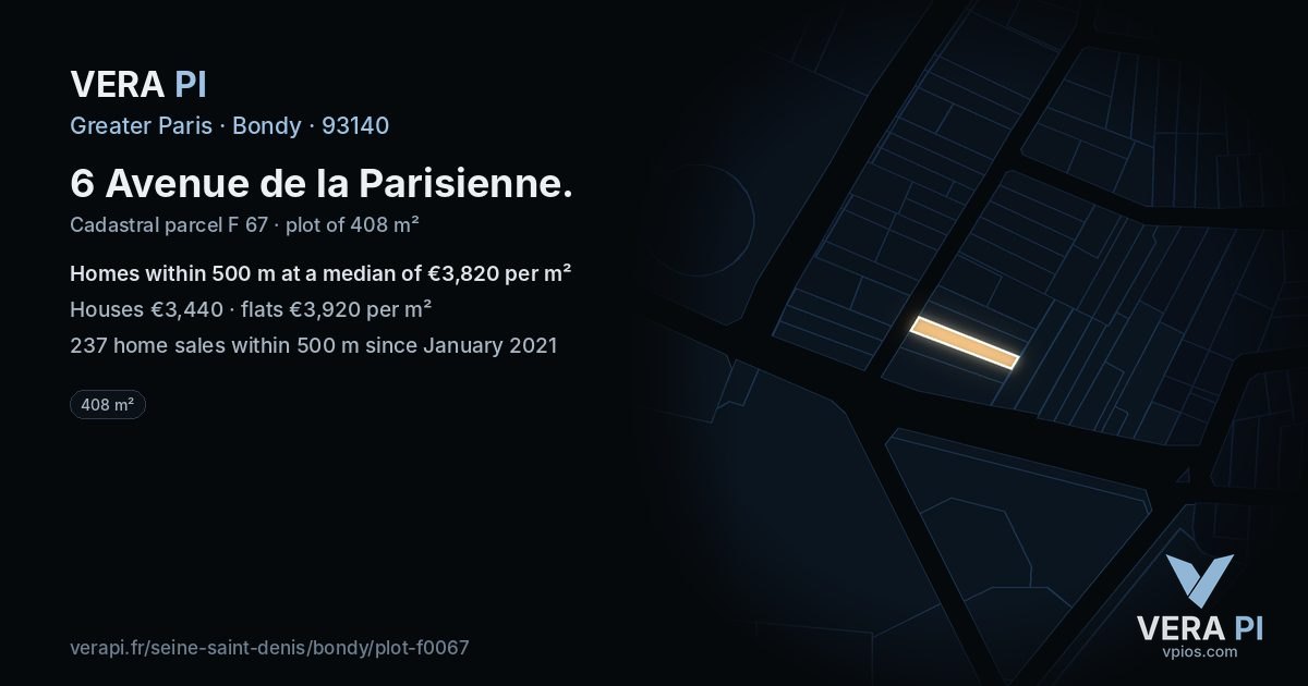 6 Avenue de la Parisienne, Bondy at night – the plot lit, the parcels around coloured by the prices near them