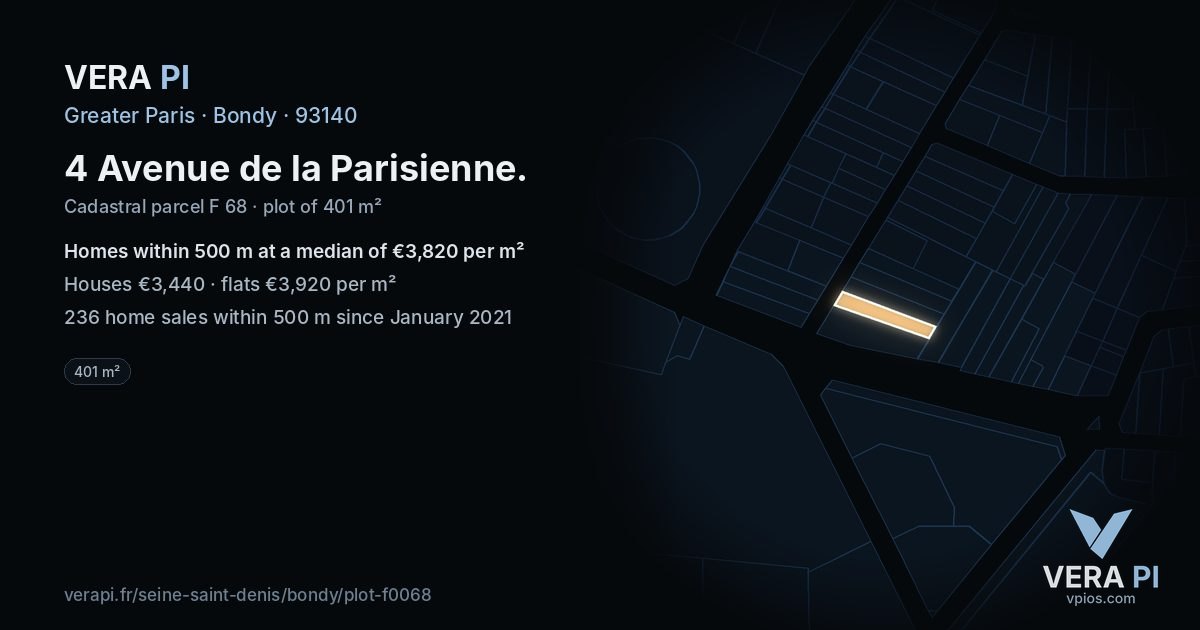 4 Avenue de la Parisienne, Bondy at night – the plot lit, the parcels around coloured by the prices near them