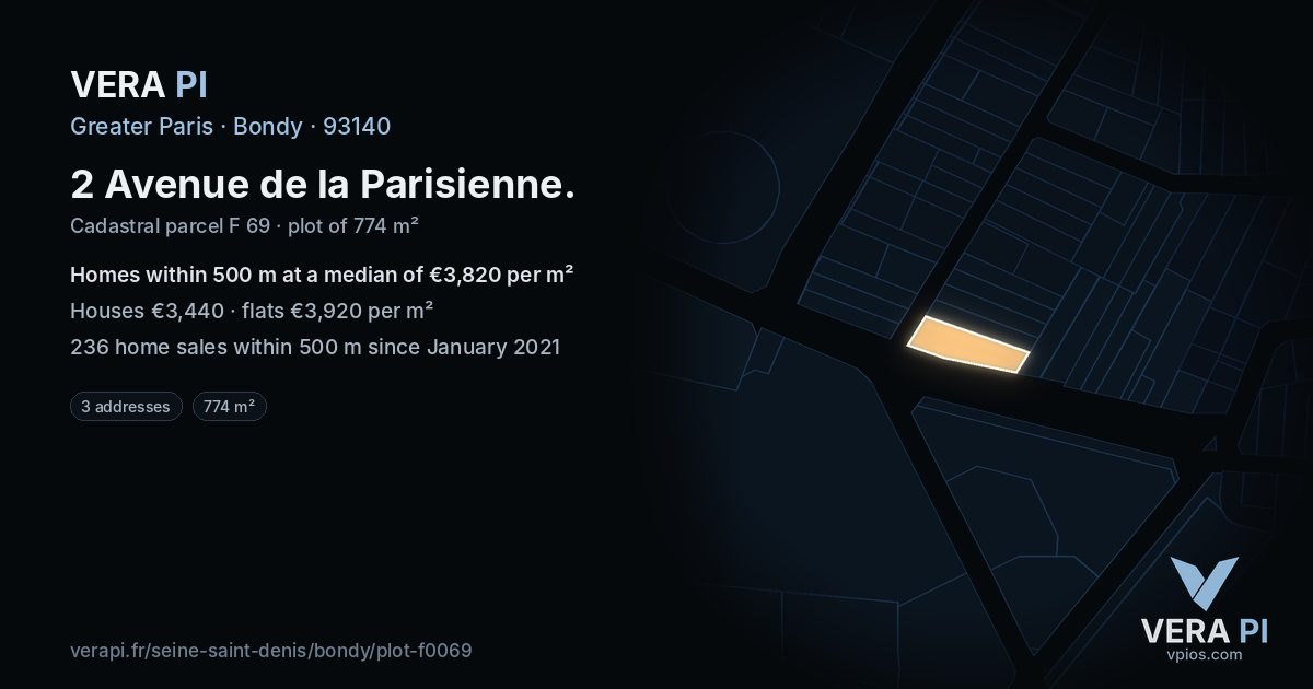2 Avenue de la Parisienne, Bondy at night – the plot lit, the parcels around coloured by the prices near them