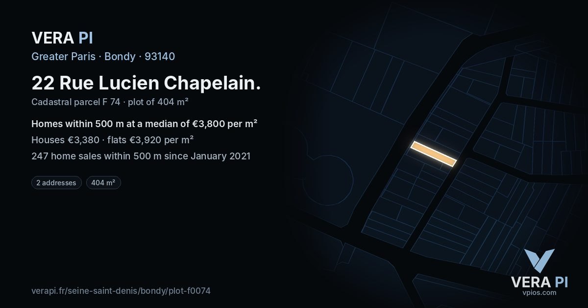 22 Rue Lucien Chapelain, Bondy at night – the plot lit, the parcels around coloured by the prices near them