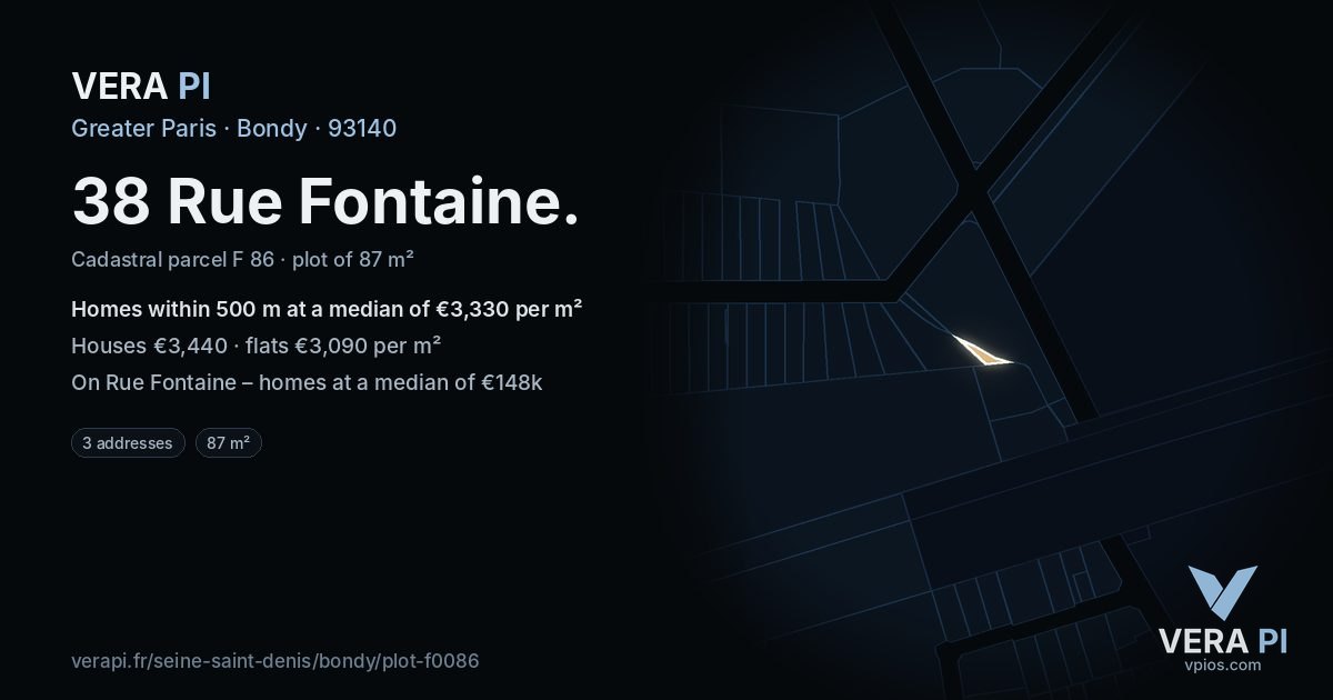 38 Rue Fontaine, Bondy at night – the plot lit, the parcels around coloured by the prices near them