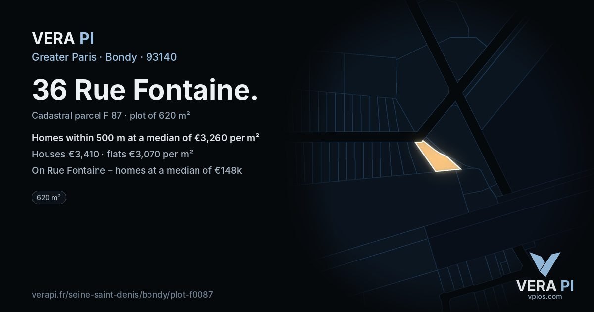 36 Rue Fontaine, Bondy at night – the plot lit, the parcels around coloured by the prices near them