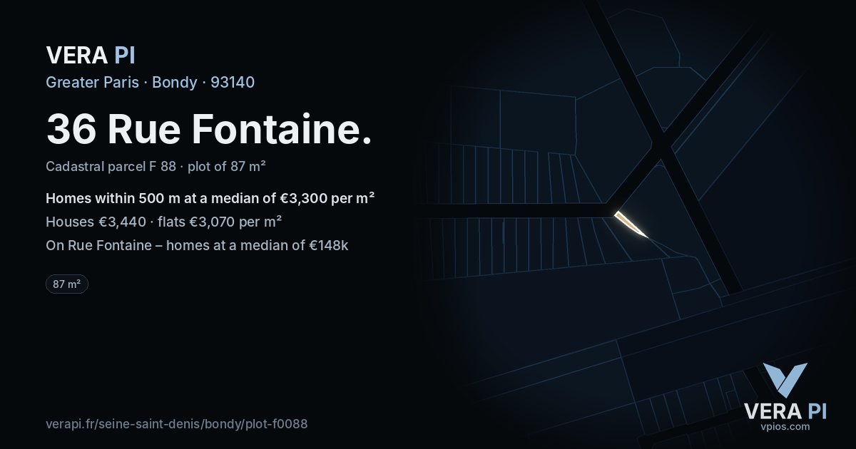 36 Rue Fontaine, Bondy at night – the plot lit, the parcels around coloured by the prices near them
