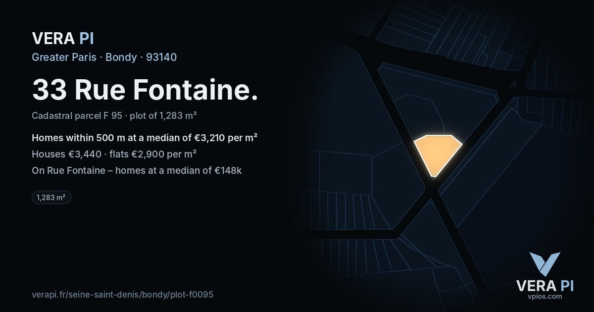 33 Rue Fontaine, Bondy at night – the plot lit, the parcels around coloured by the prices near them