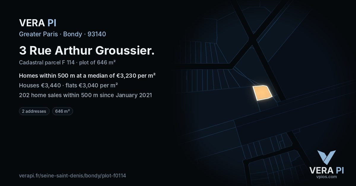 3 Rue Arthur Groussier, Bondy at night – the plot lit, the parcels around coloured by the prices near them