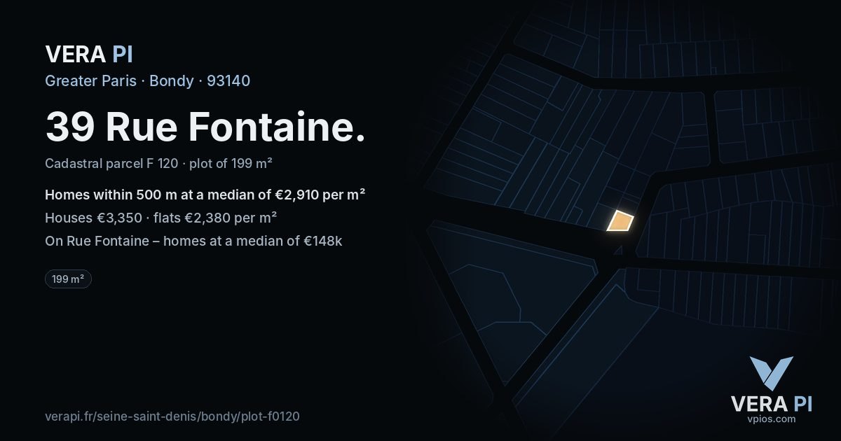 39 Rue Fontaine, Bondy at night – the plot lit, the parcels around coloured by the prices near them