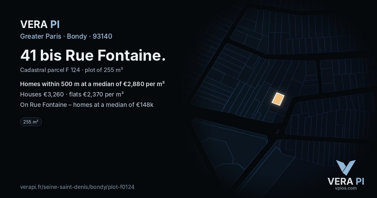 41 bis Rue Fontaine, Bondy at night – the plot lit, the parcels around coloured by the prices near them