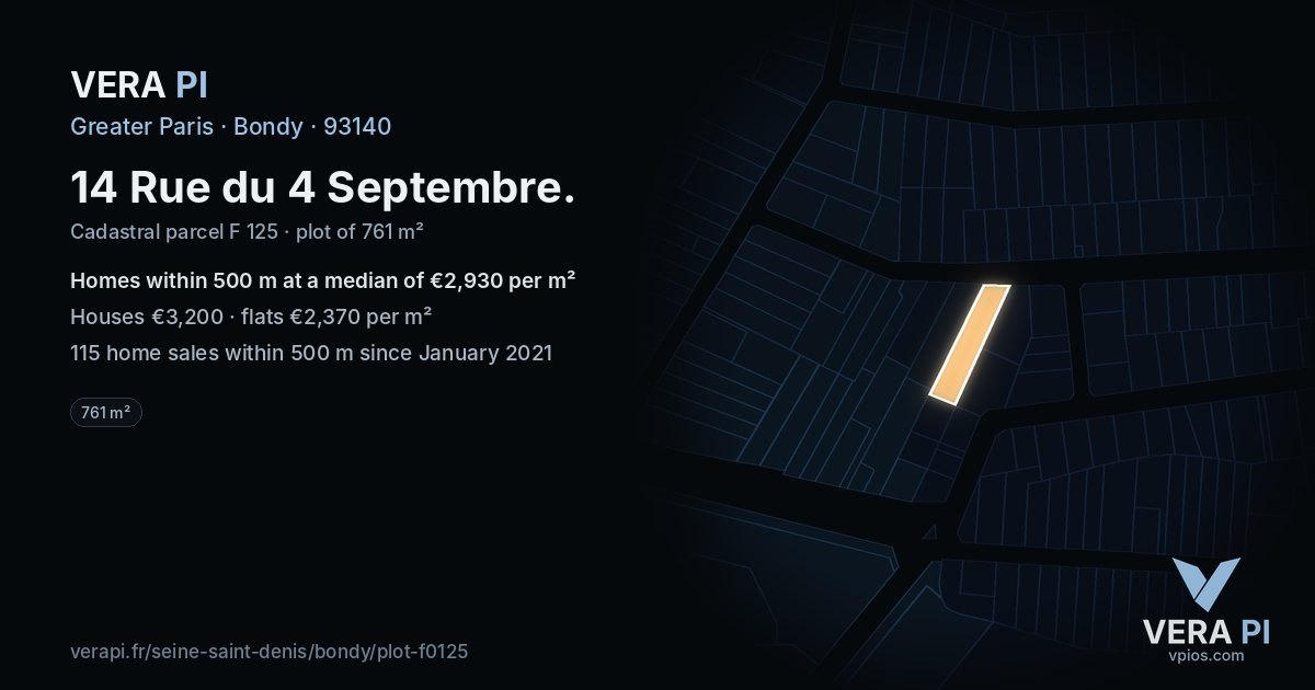 14 Rue du 4 Septembre, Bondy at night – the plot lit, the parcels around coloured by the prices near them