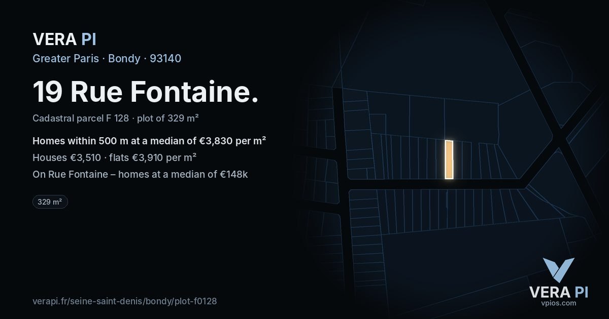 19 Rue Fontaine, Bondy at night – the plot lit, the parcels around coloured by the prices near them