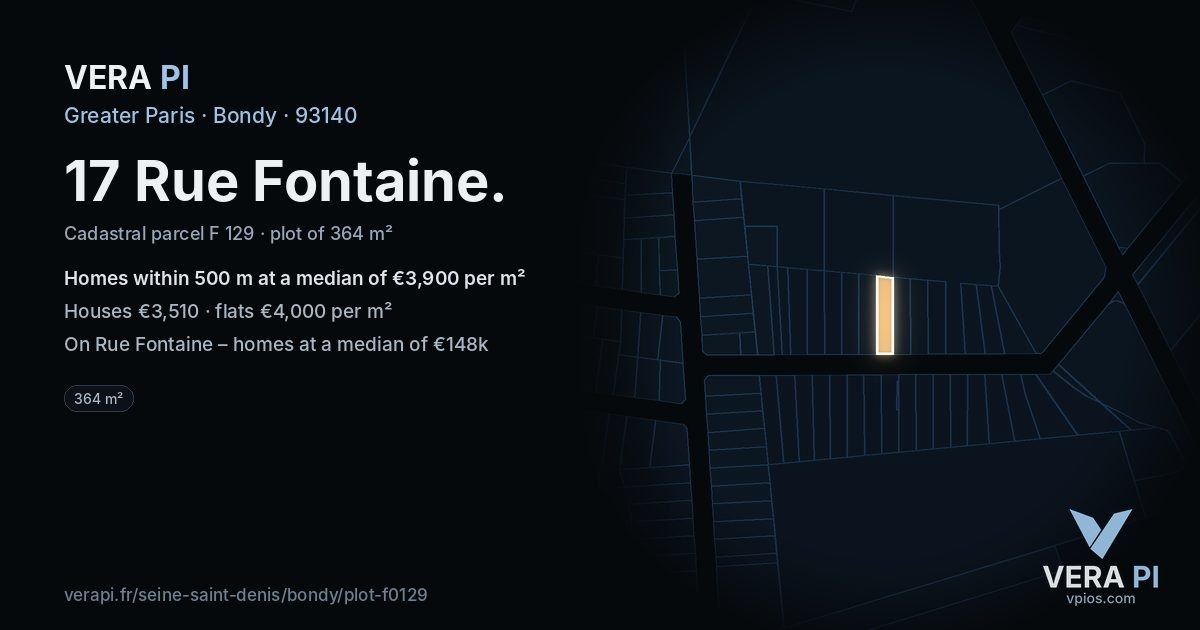 17 Rue Fontaine, Bondy at night – the plot lit, the parcels around coloured by the prices near them