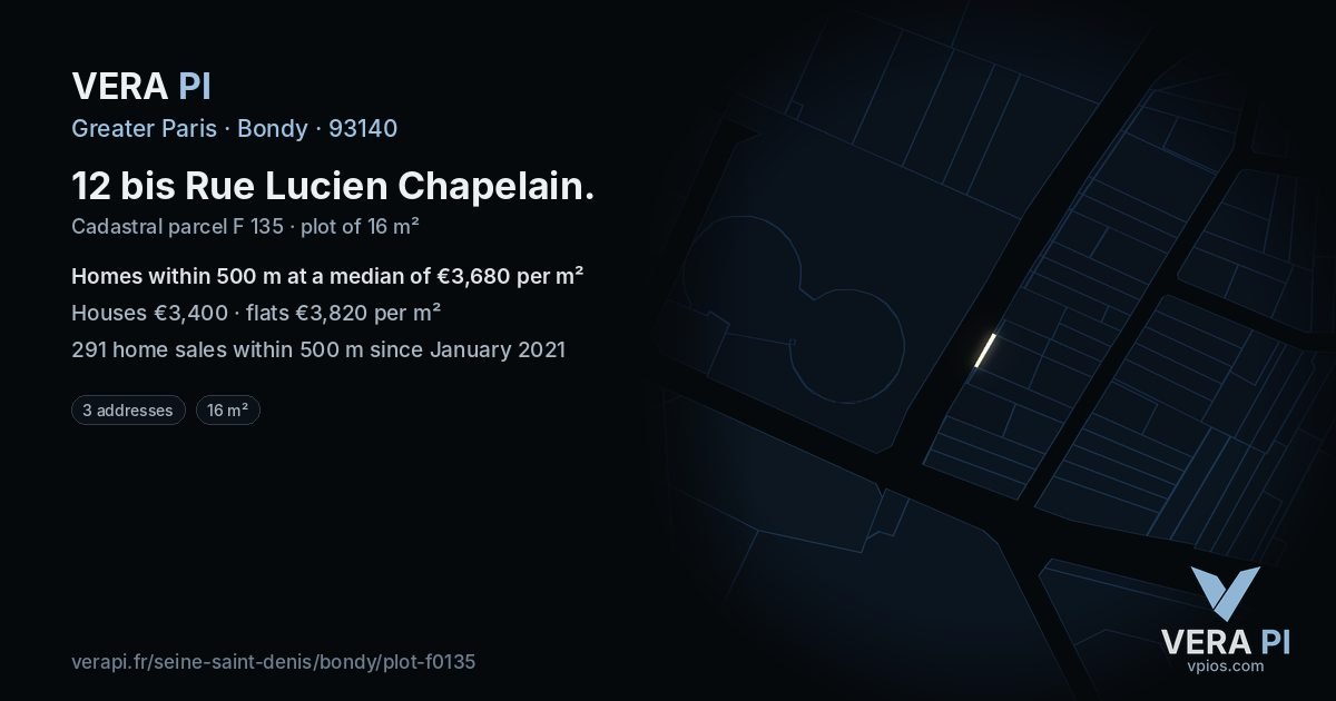 12 bis Rue Lucien Chapelain, Bondy at night – the plot lit, the parcels around coloured by the prices near them