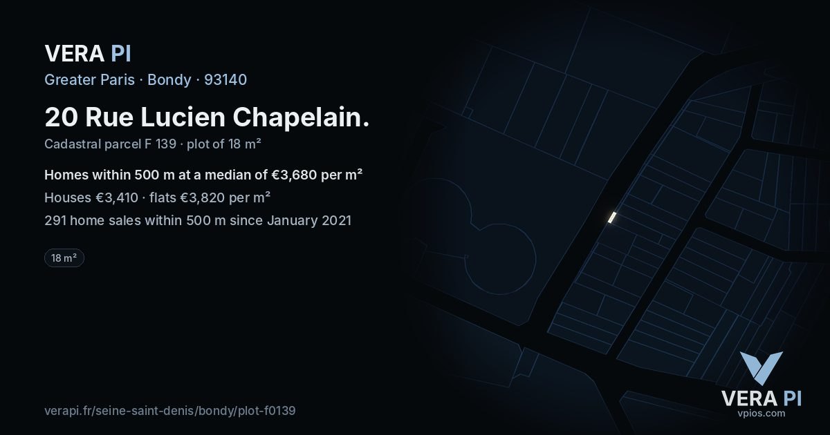 20 Rue Lucien Chapelain, Bondy at night – the plot lit, the parcels around coloured by the prices near them