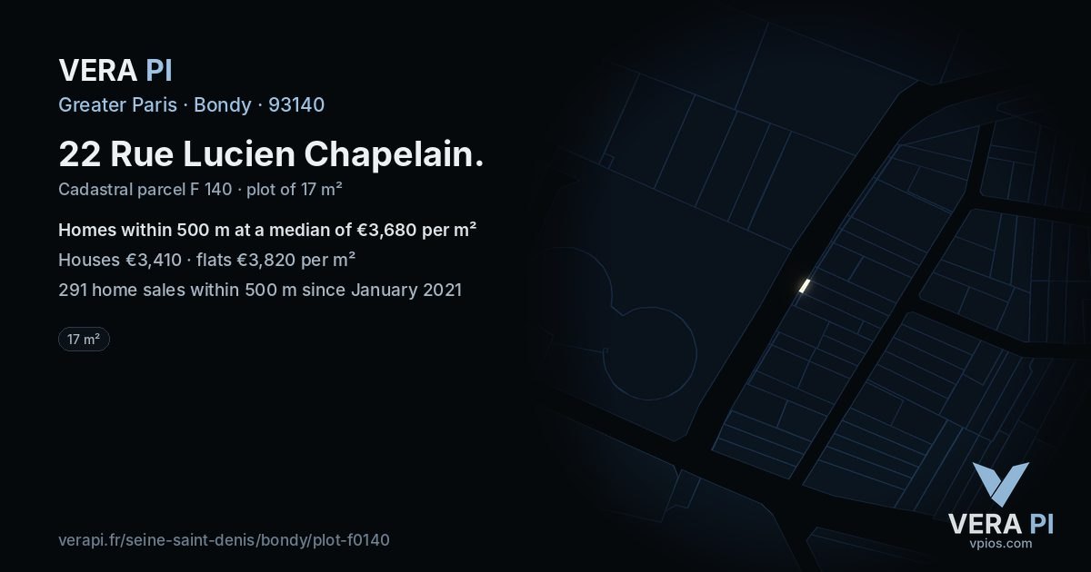 22 Rue Lucien Chapelain, Bondy at night – the plot lit, the parcels around coloured by the prices near them