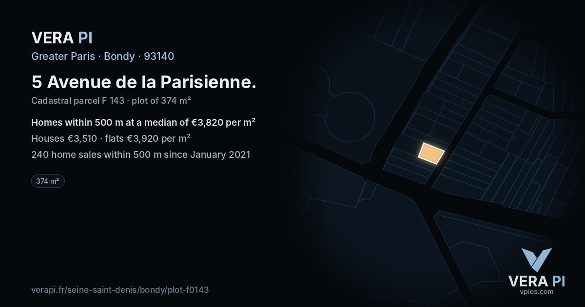 5 Avenue de la Parisienne, Bondy at night – the plot lit, the parcels around coloured by the prices near them