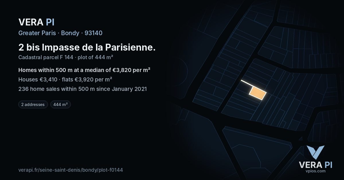 2 bis Impasse de la Parisienne, Bondy at night – the plot lit, the parcels around coloured by the prices near them