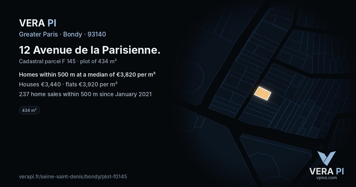 12 Avenue de la Parisienne, Bondy at night – the plot lit, the parcels around coloured by the prices near them