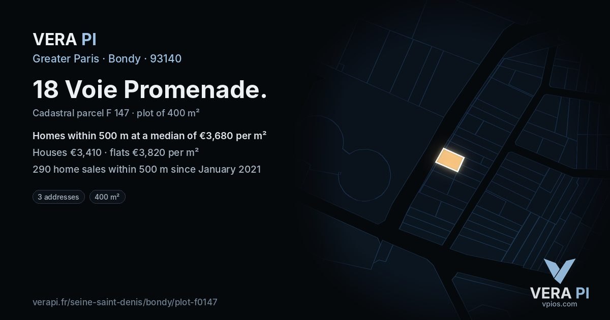 18 Voie Promenade, Bondy at night – the plot lit, the parcels around coloured by the prices near them