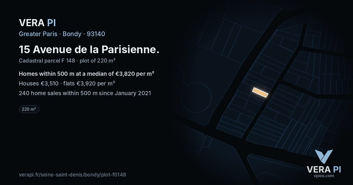 15 Avenue de la Parisienne, Bondy at night – the plot lit, the parcels around coloured by the prices near them