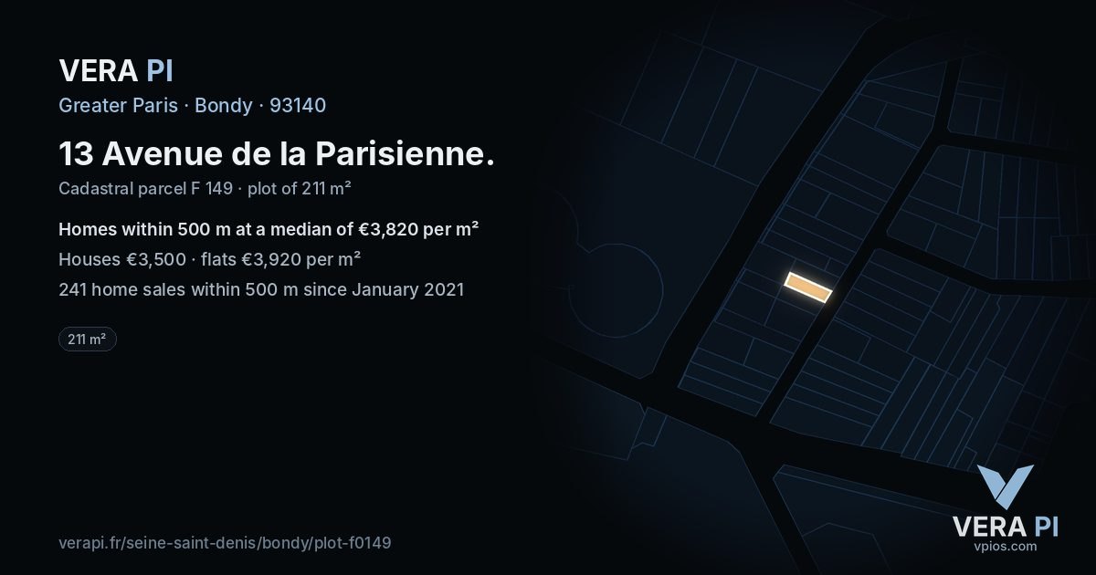 13 Avenue de la Parisienne, Bondy at night – the plot lit, the parcels around coloured by the prices near them