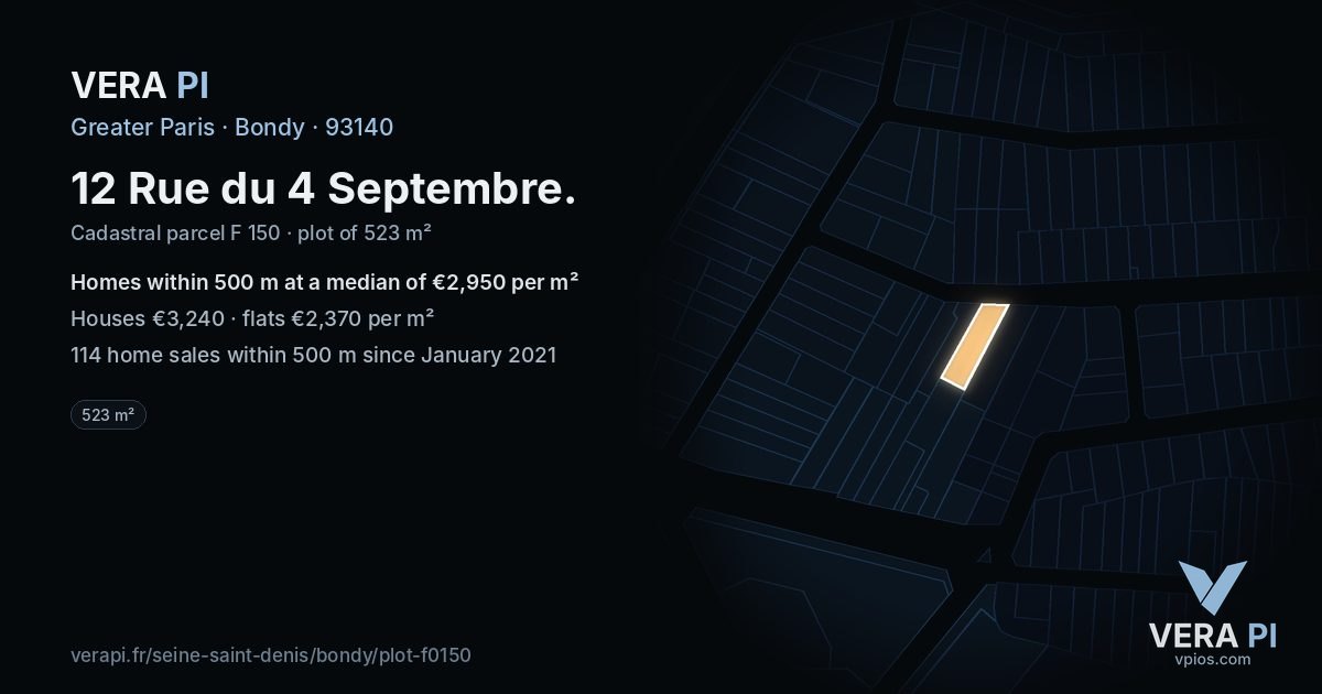 12 Rue du 4 Septembre, Bondy at night – the plot lit, the parcels around coloured by the prices near them