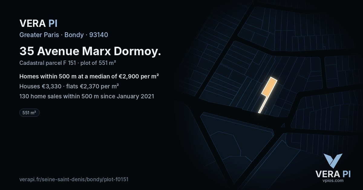35 Avenue Marx Dormoy, Bondy at night – the plot lit, the parcels around coloured by the prices near them