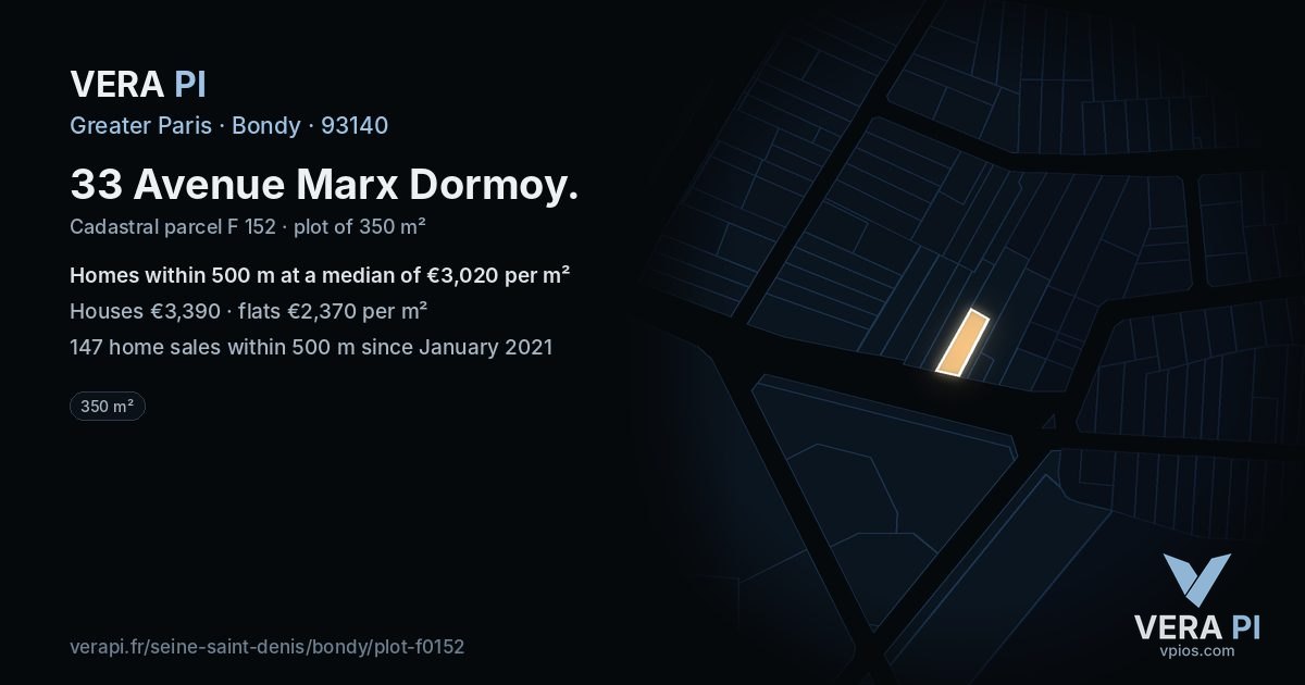 33 Avenue Marx Dormoy, Bondy at night – the plot lit, the parcels around coloured by the prices near them