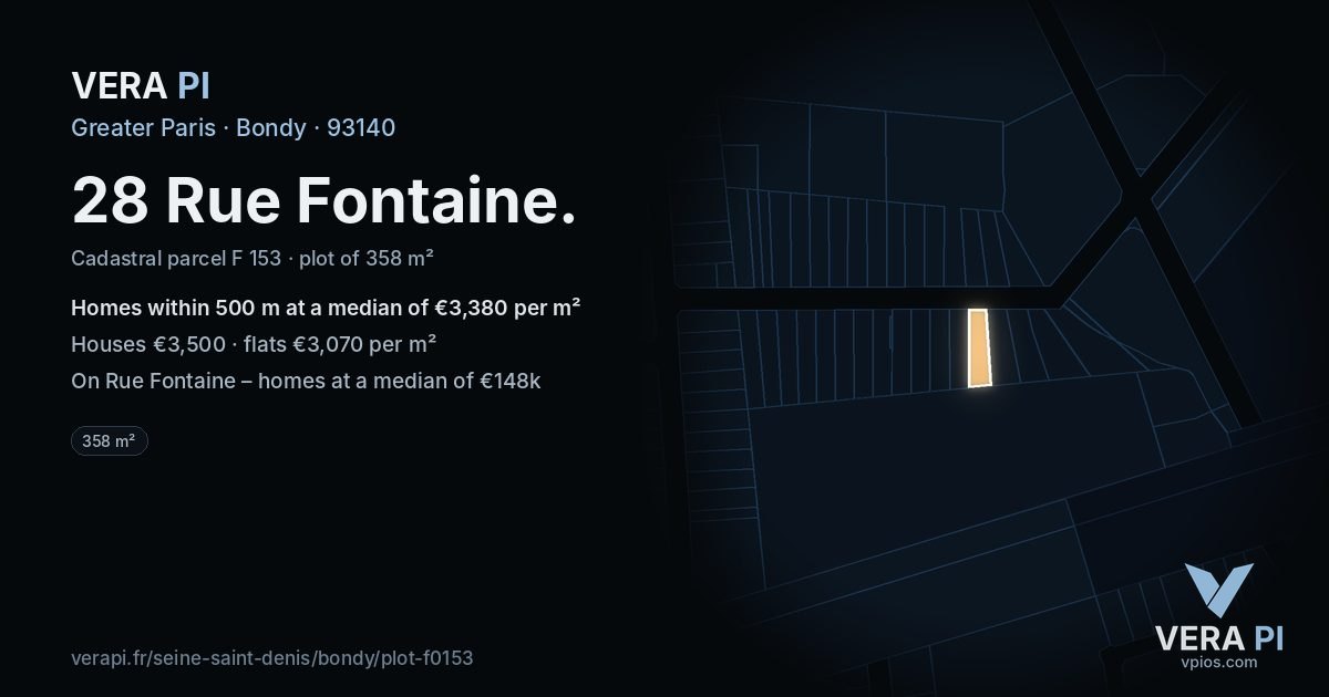 28 Rue Fontaine, Bondy at night – the plot lit, the parcels around coloured by the prices near them