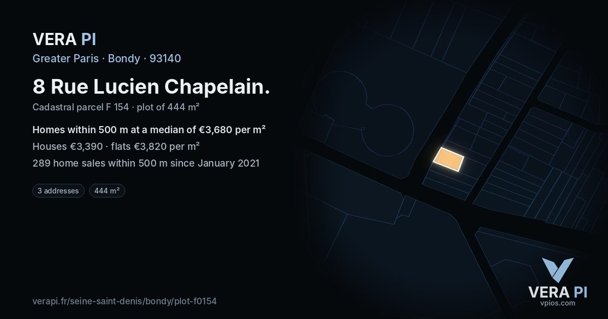 8 Rue Lucien Chapelain, Bondy at night – the plot lit, the parcels around coloured by the prices near them
