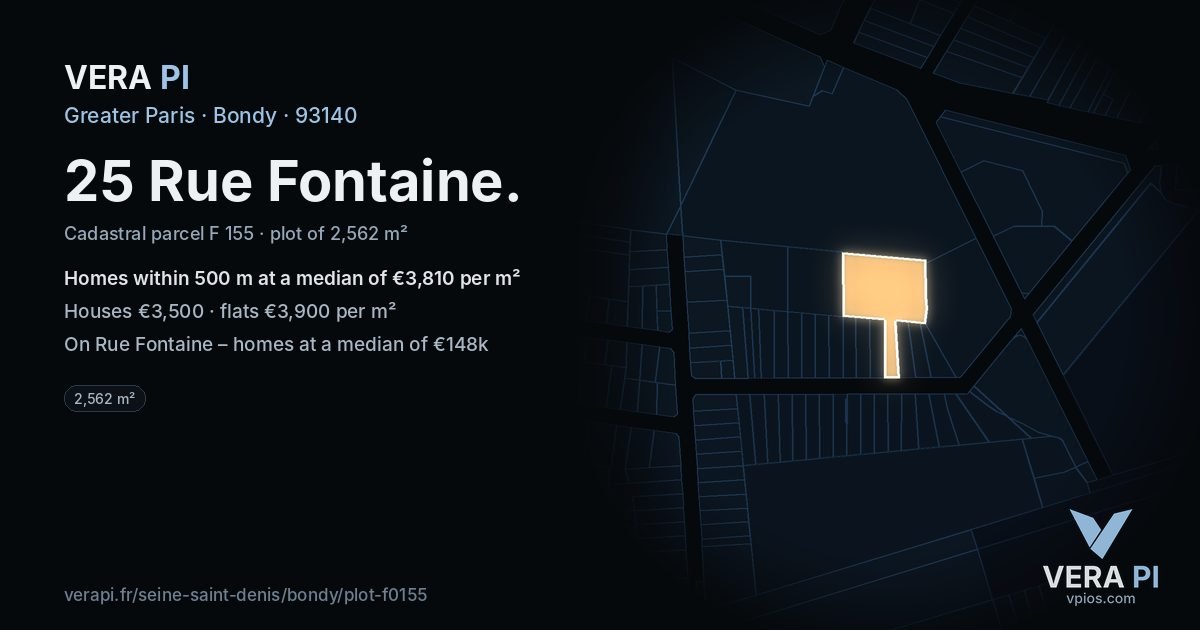 25 Rue Fontaine, Bondy at night – the plot lit, the parcels around coloured by the prices near them
