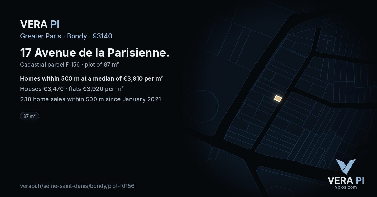17 Avenue de la Parisienne, Bondy at night – the plot lit, the parcels around coloured by the prices near them