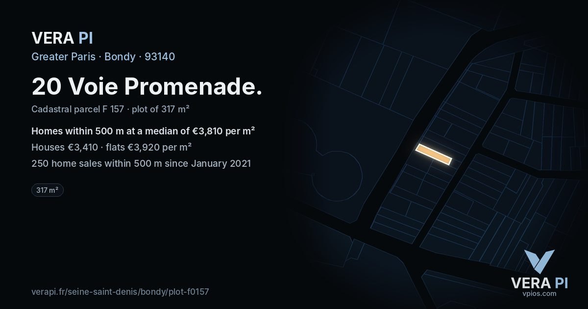 20 Voie Promenade, Bondy at night – the plot lit, the parcels around coloured by the prices near them