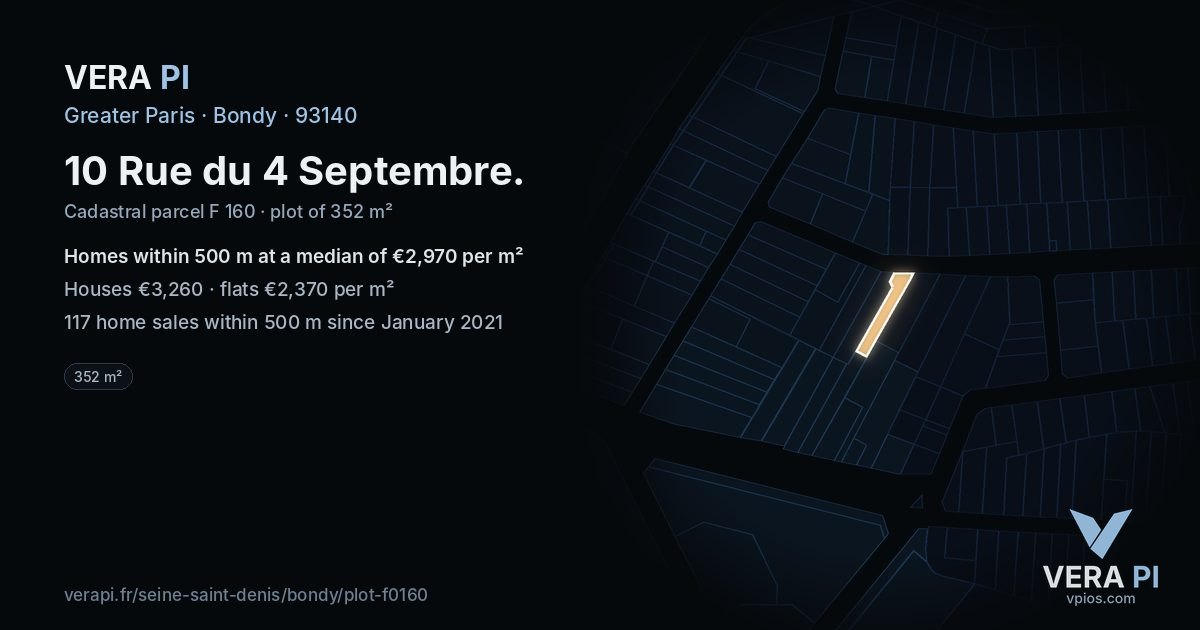 10 Rue du 4 Septembre, Bondy at night – the plot lit, the parcels around coloured by the prices near them