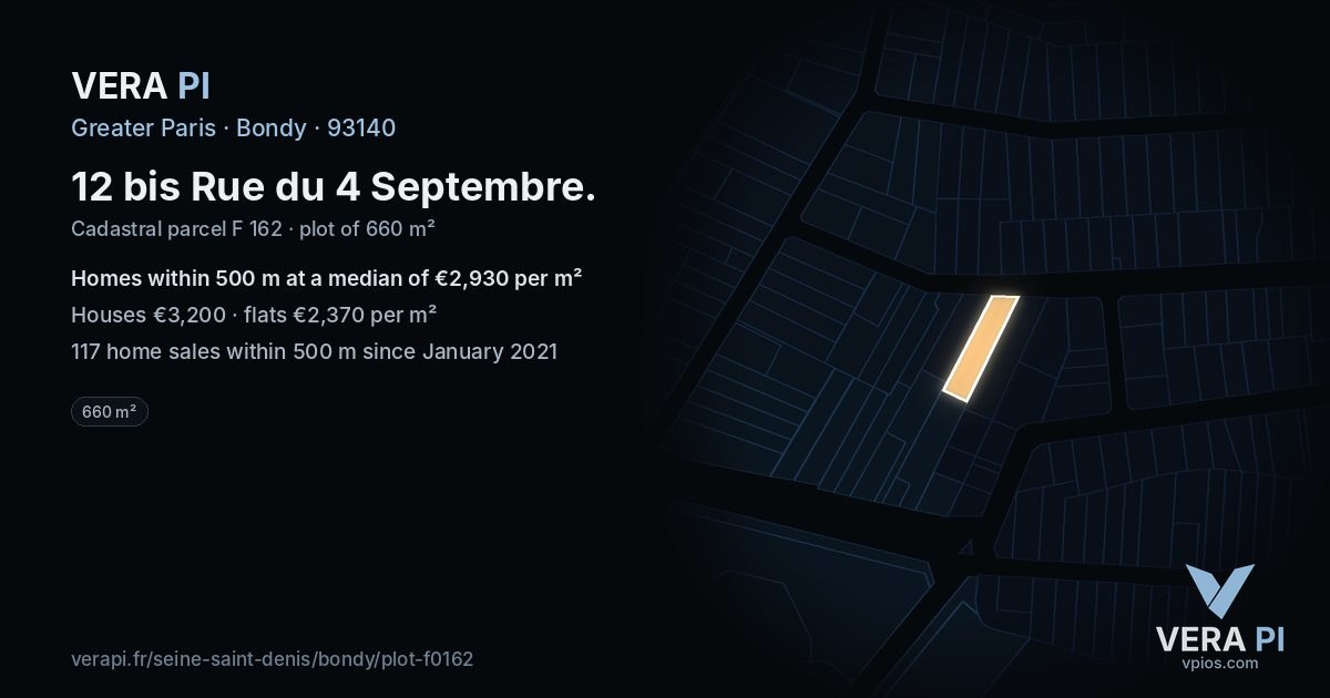 12 bis Rue du 4 Septembre, Bondy at night – the plot lit, the parcels around coloured by the prices near them