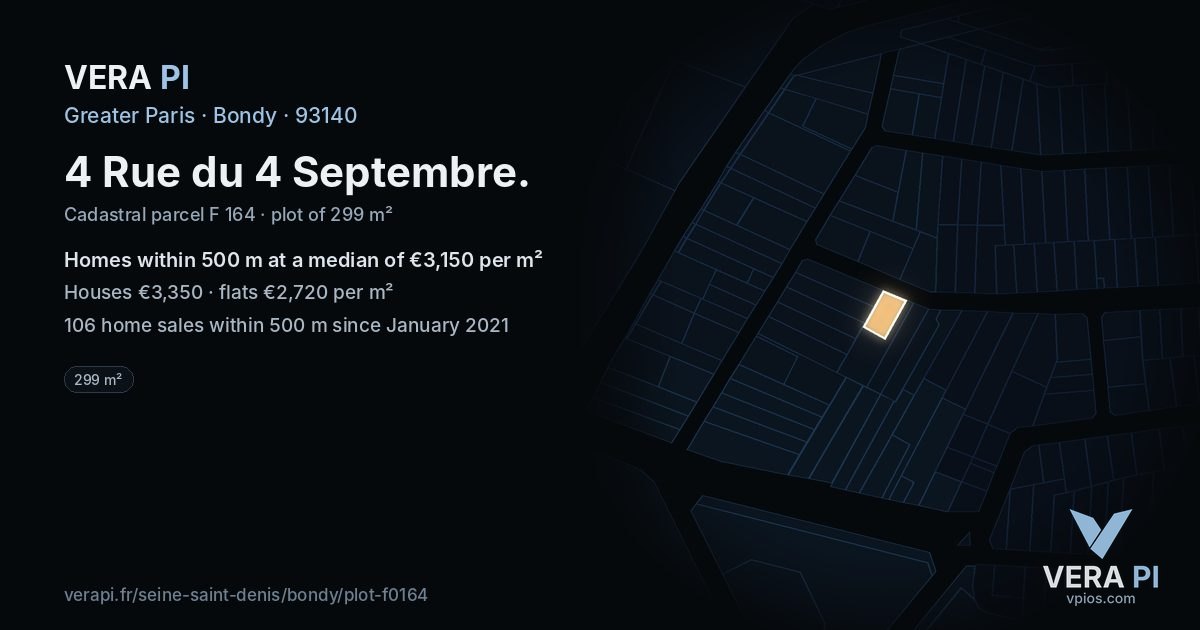 4 Rue du 4 Septembre, Bondy at night – the plot lit, the parcels around coloured by the prices near them