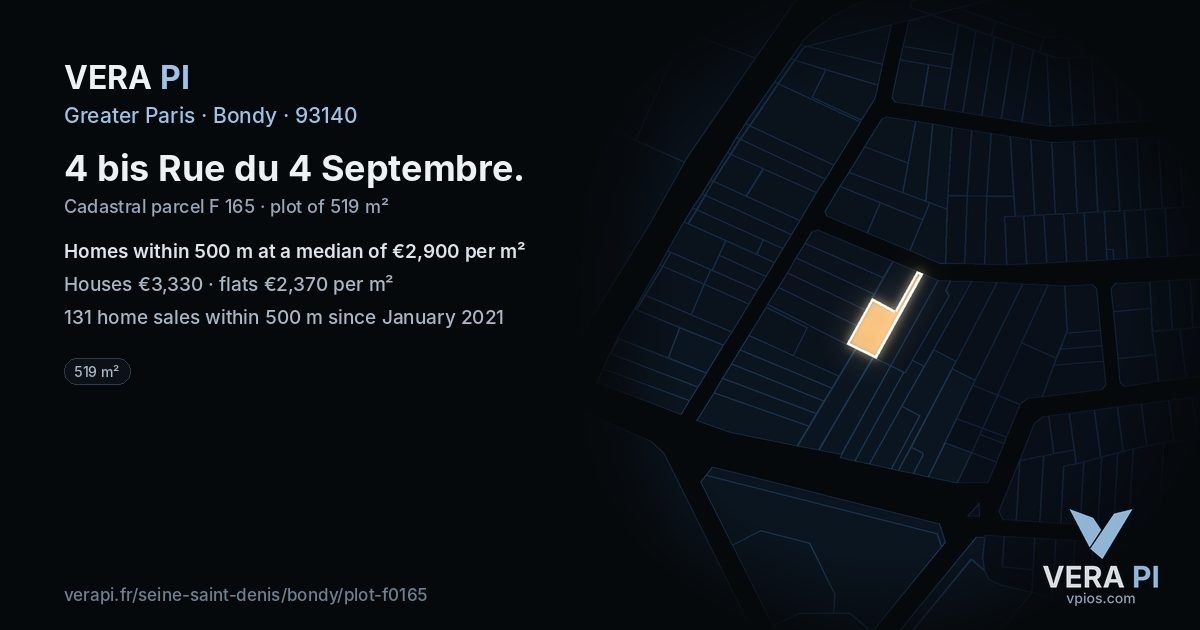 4 bis Rue du 4 Septembre, Bondy at night – the plot lit, the parcels around coloured by the prices near them