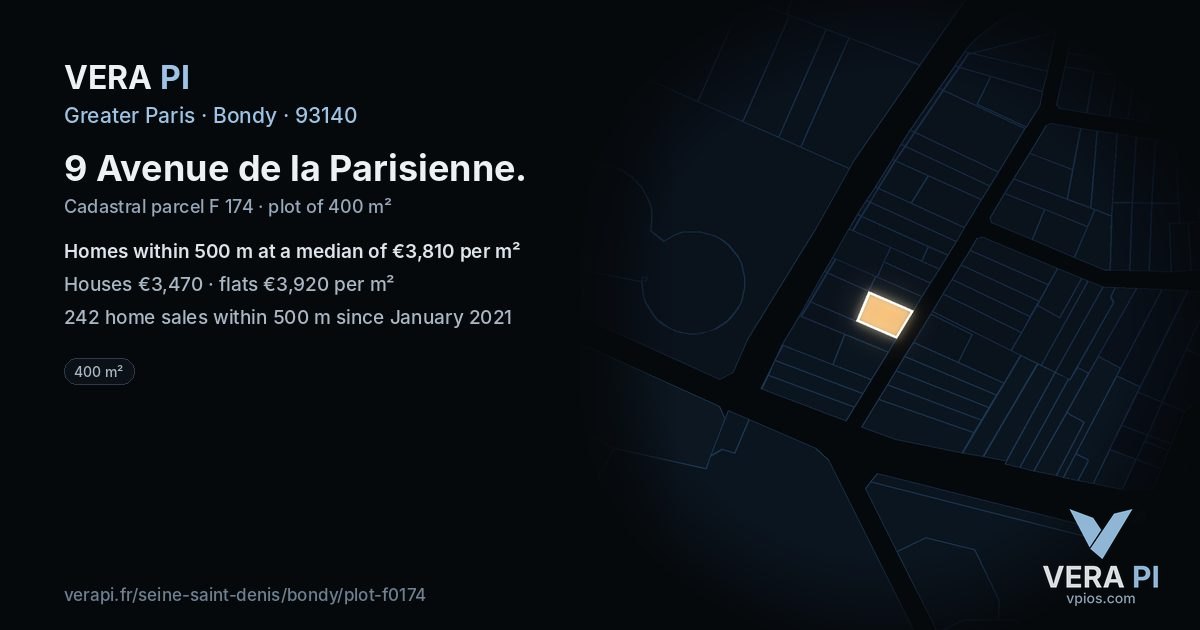 9 Avenue de la Parisienne, Bondy at night – the plot lit, the parcels around coloured by the prices near them