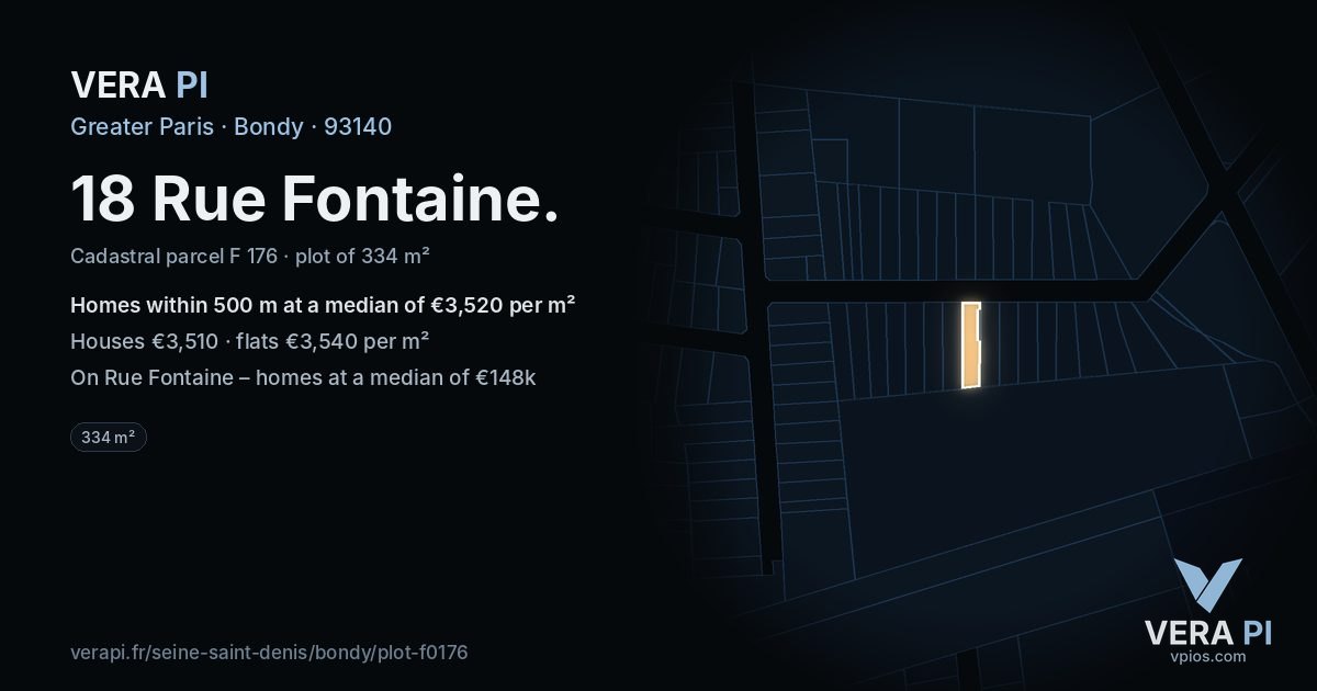 18 Rue Fontaine, Bondy at night – the plot lit, the parcels around coloured by the prices near them