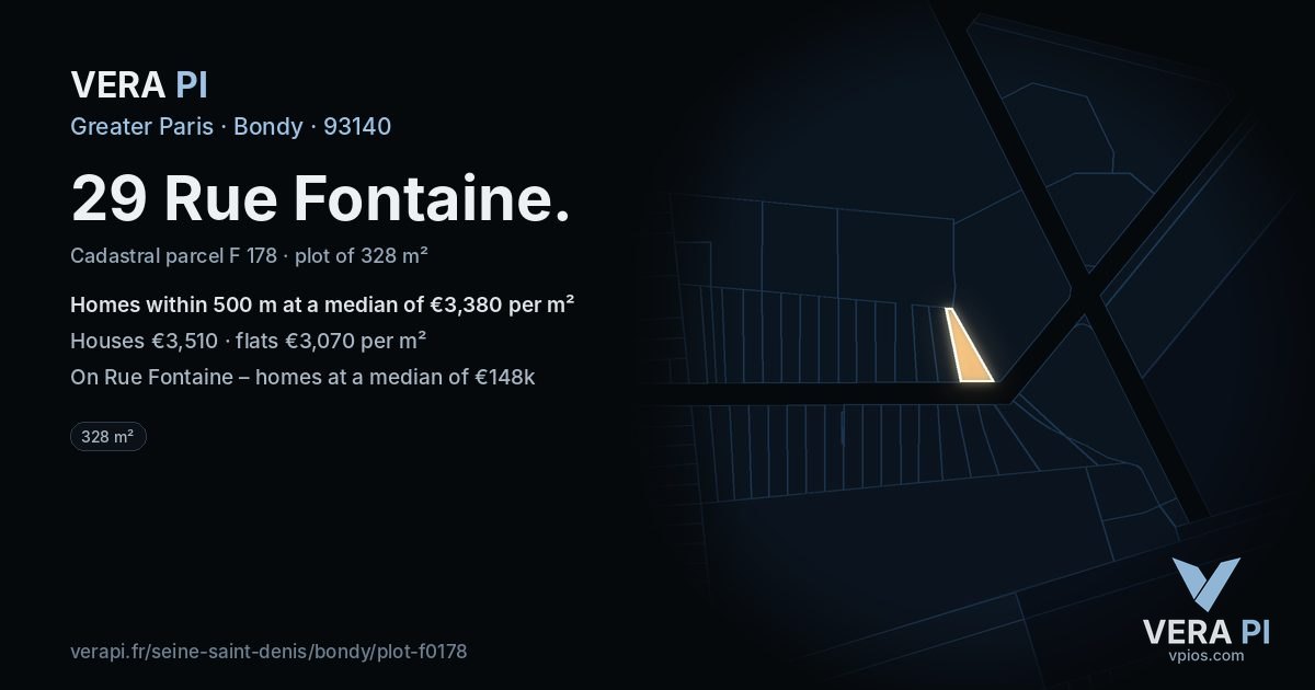 29 Rue Fontaine, Bondy at night – the plot lit, the parcels around coloured by the prices near them