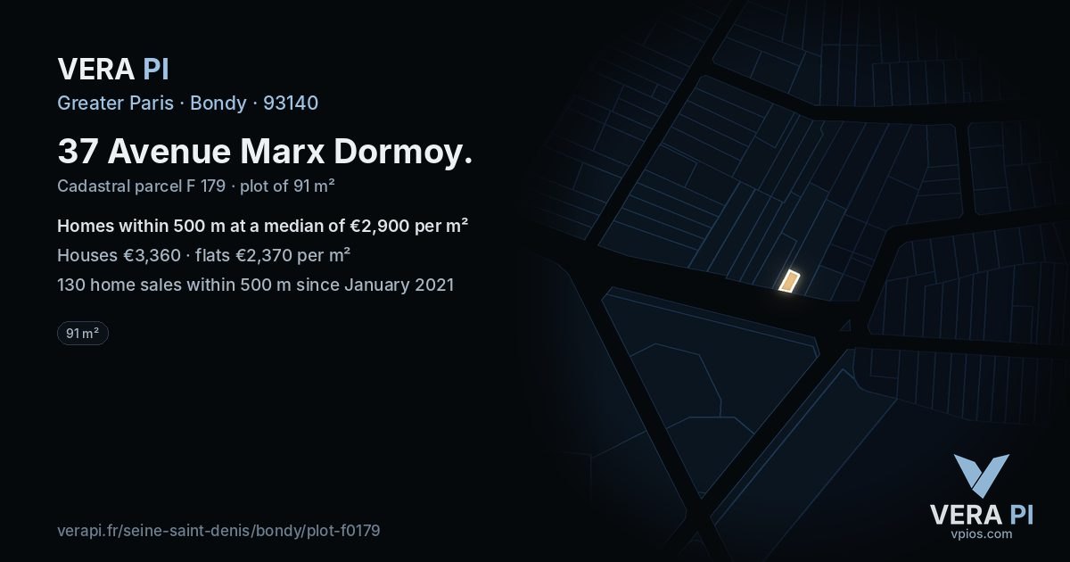 37 Avenue Marx Dormoy, Bondy at night – the plot lit, the parcels around coloured by the prices near them