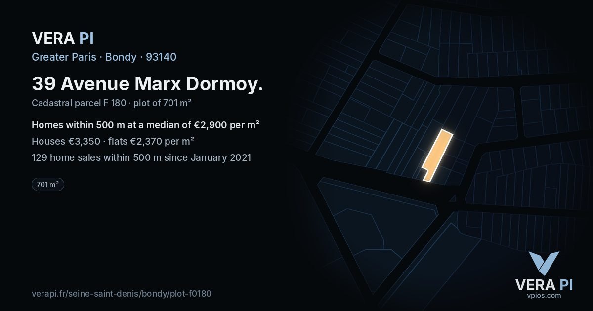 39 Avenue Marx Dormoy, Bondy at night – the plot lit, the parcels around coloured by the prices near them
