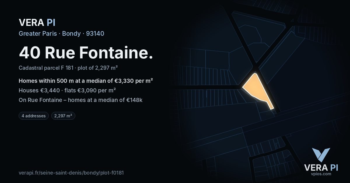 40 Rue Fontaine, Bondy at night – the plot lit, the parcels around coloured by the prices near them